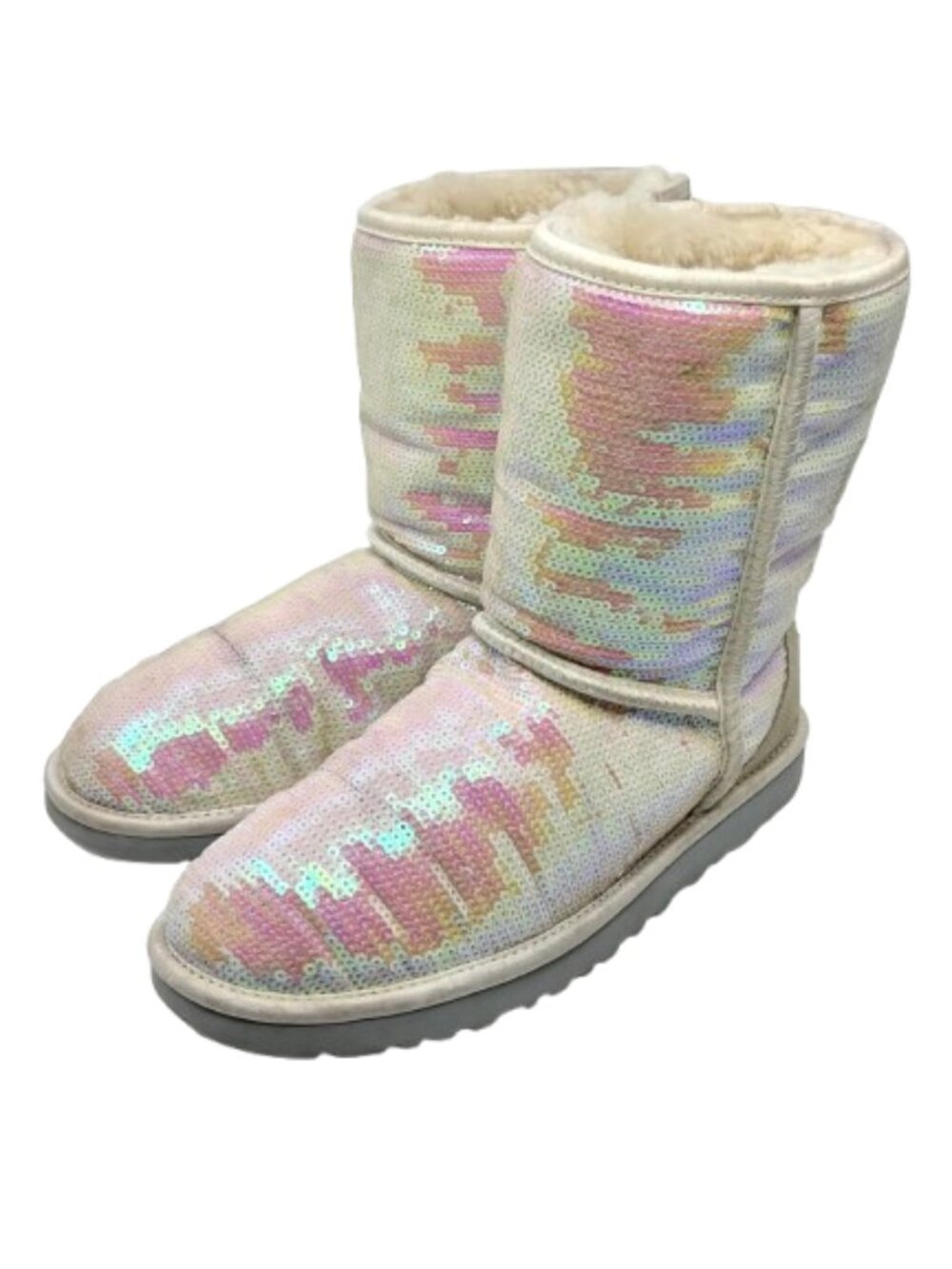 UGG~Classic Short Sparkles I Do~IRIDESCENT PEARL SEQUINS SHEARLING ANKLE BOOTS